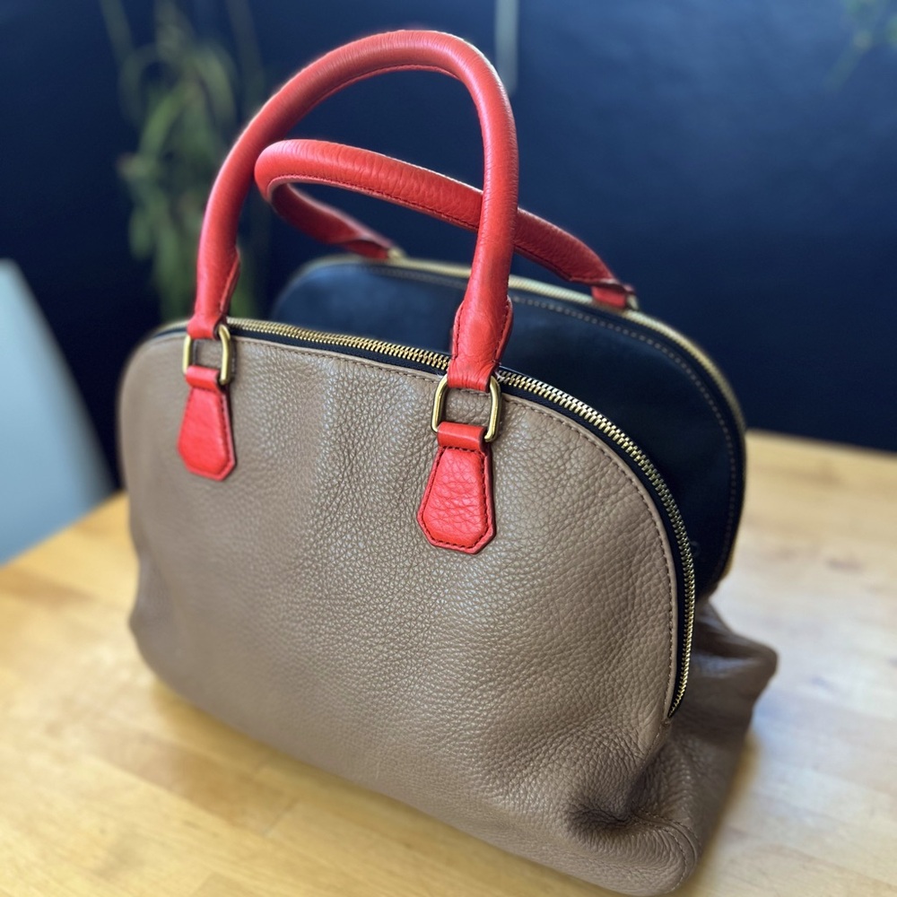 J.Crew Leather Handbag, Camel, Black and Coral, 100% leather
